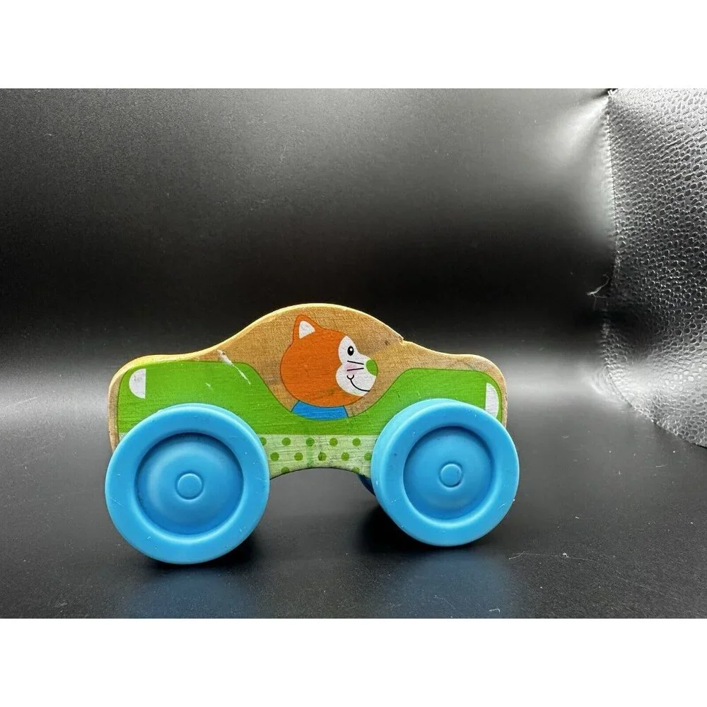 Melissa and Doug Stackable Car Wooden Toy orange cat driver blue‎ wheels 4”